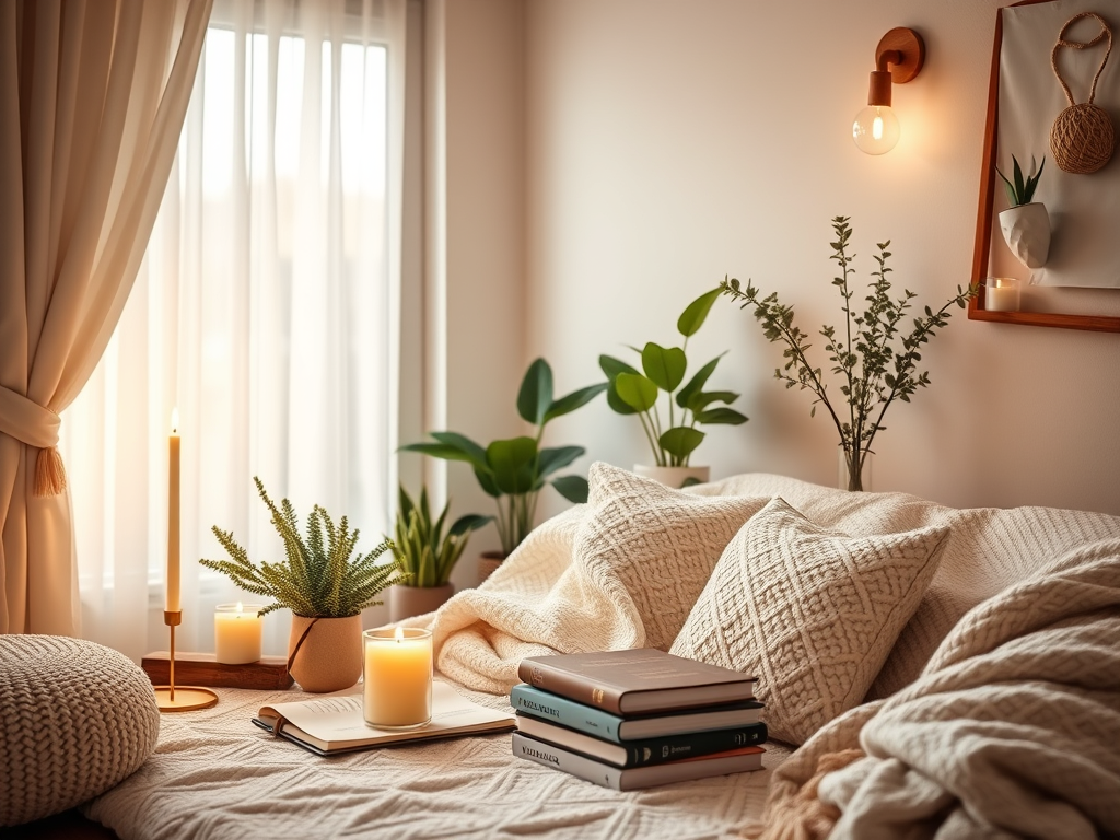 A cozy living space featuring a soft sofa adorned with textured cushions, a warm blanket, and a stack of books. The area is illuminated by candles and natural light filtering through sheer curtains, complemented by greenery in decorative pots.